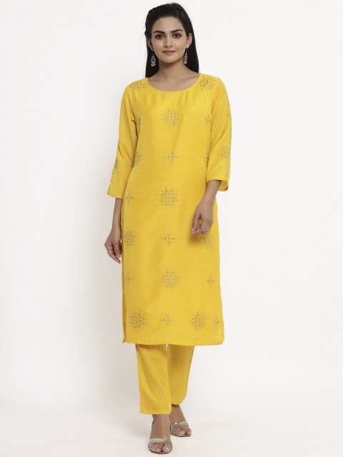 

BUYCLARA Women Yellow Embroidered Kurta with Trousers