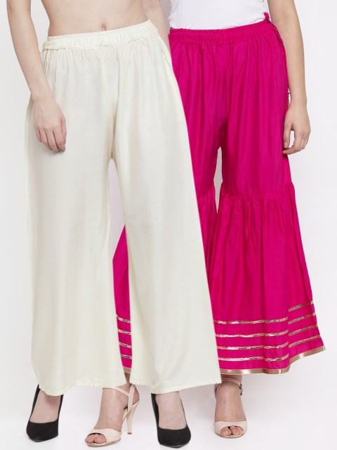 

TAG 7 Women Combo of 2 Fuchsia & Off-White Hem Design Flared Palazzos