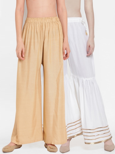 

TAG 7 Women Combo of 2 White & Beige Hem Design Flared Palazzos