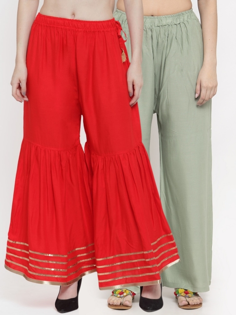 

TAG 7 Women Red & Green Hem Design Flared Palazzos Pack of 2
