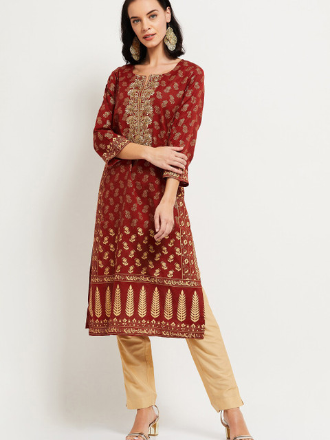 

max Women Red Printed Kurta with Trousers & Dupatta