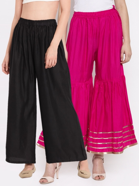 

TAG 7 Women Magenta & Black Solid Flared Palazzos Combo of 2