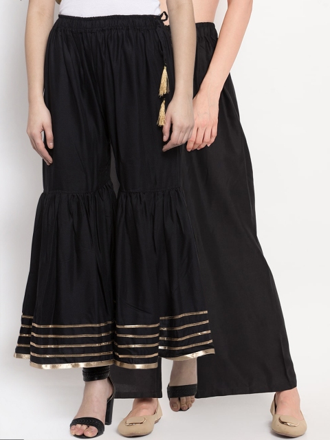 

TAG 7 Women Black & Gold-Toned Solid Flared Palazzos Combo of 2