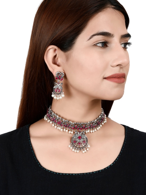 

Silvermerc Designs Silver-Plated Red & White Stoned-Studded Handcrafted Jewellery Set