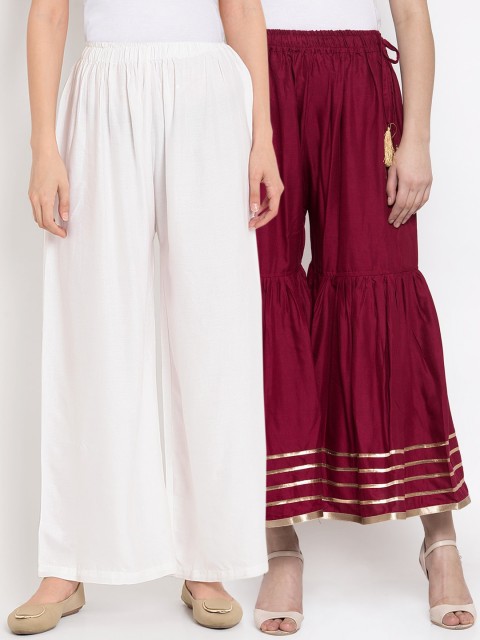 

TAG 7 Women Combo of 2 Maroon & White Hem Design Flared Palazzos