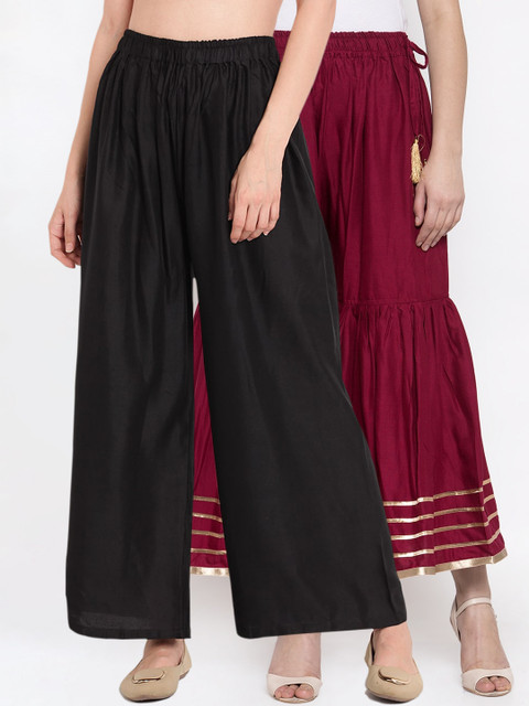 

TAG 7 Women Maroon & Black Hem Design Flared Palazzos