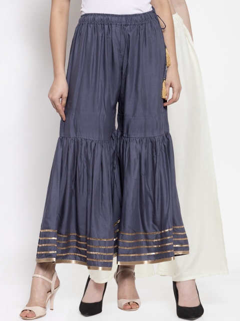 

TAG 7 Women Combo of 2 Grey & Off-White Hem Design Flared Palazzos