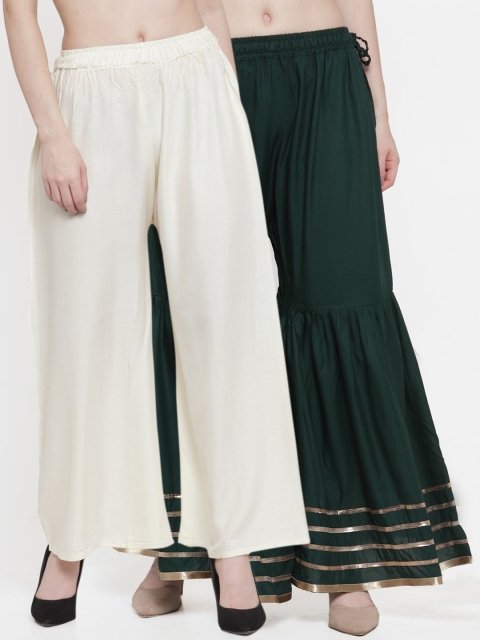 

TAG 7 Women Green & Off-White Set of 2 Flared Palazzos