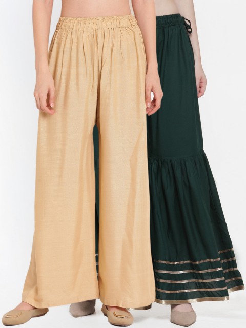 

TAG 7 Women Pack of 2 Green & Gold-Toned Hem Design Flared Palazzos