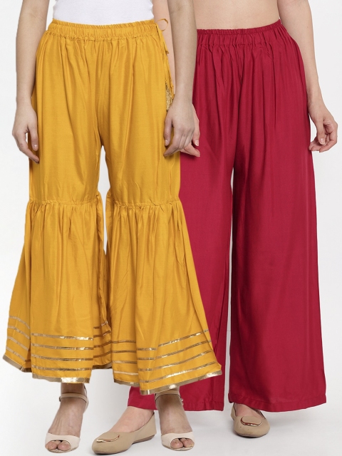 

TAG 7 Women Pack of 2 Maroon & Mustard Yellow Hem Design Flared Palazzos