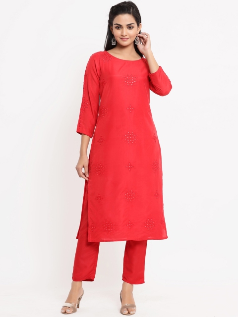 

BUYCLARA Women Red Embroidered Kurta with Trousers