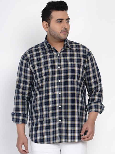 

John Pride Men Plus Size Navy Blue Checked Casual Shirt