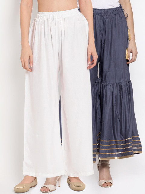 

TAG 7 Women White & Grey Solid Flared Palazzos Combo of 2