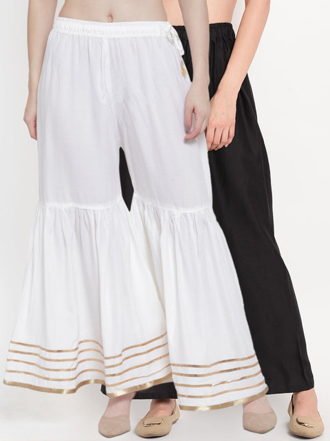 

TAG 7 Women Black & White Solid Flared Palazzos Combo of 2
