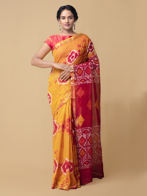 Unnati Silks Women Orange & Red Pure Refreshing Batik Shibori Kota Sustainable Saree Cotton Sustainable Saree