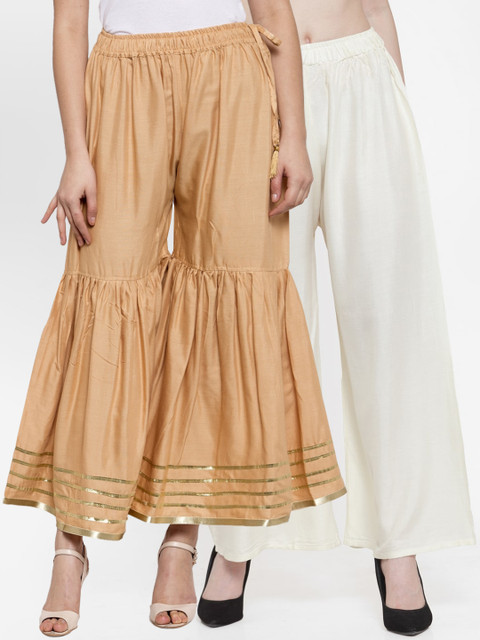 

TAG 7 Women Beige & White Hem Design Flared Palazzos Pack of 2