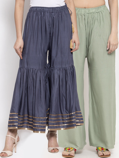 

TAG 7 Women Grey & Green Solid Flared Palazzos Combo of 2