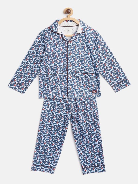 

Cherry Crumble Unisex Kids Blue & White Abstract Print Night Suit