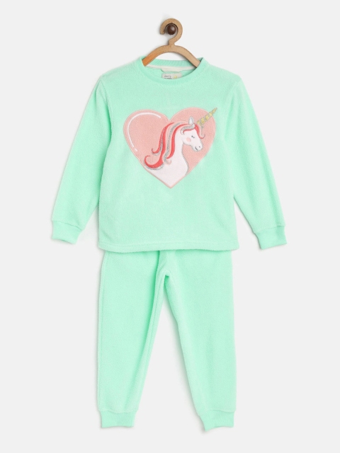 

Cherry Crumble Girls Sea Green Solid Night Suit