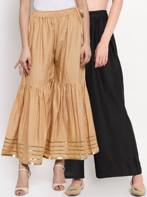 

TAG 7 Women Pack of 2 Beige & Black Solid Flared Palazzos