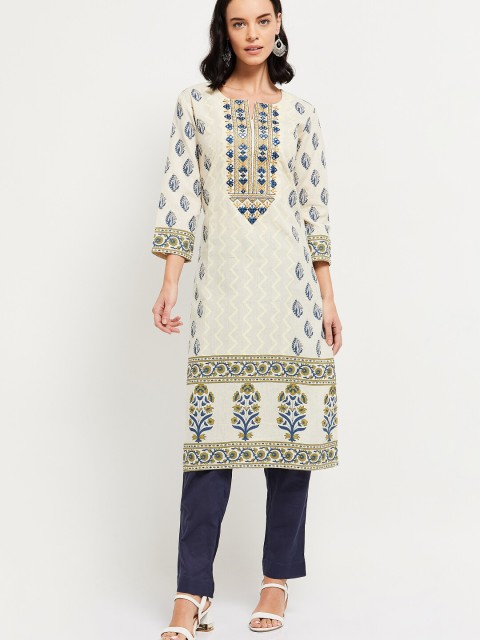

max Women Off-White & Navy Blue Printed Kurta with Trousers & Dupatta