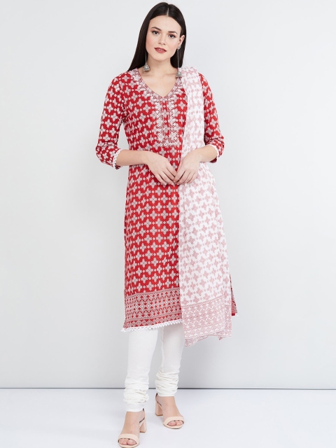 

max Women Pink & White Printed Kurta with Churidar & Dupatta