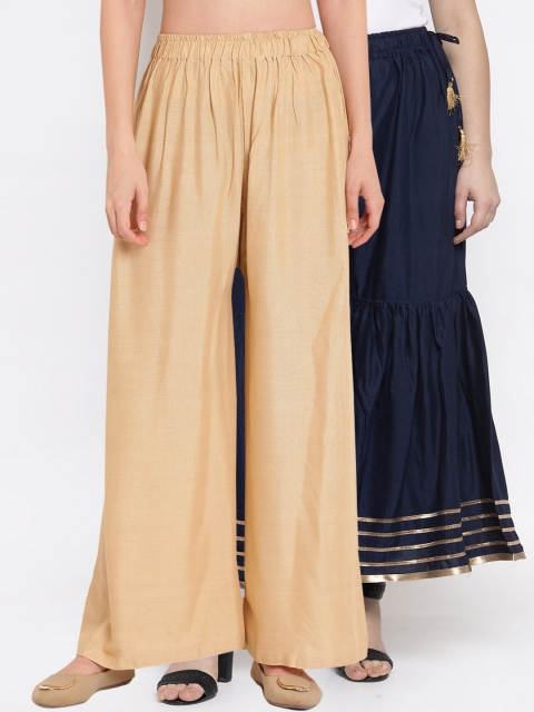 

TAG 7 Women Navy Blue & Beige Set of 2 Flared Palazzos