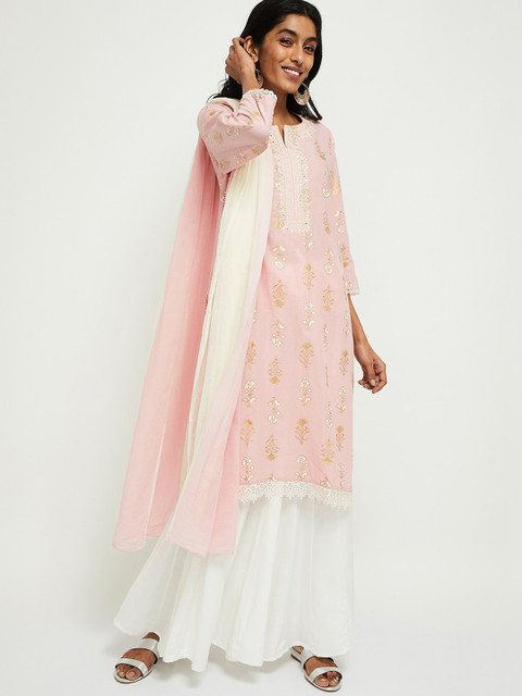 

max Women Peach-Coloured & White Woven Design Kurta with Palazzos & Dupatta