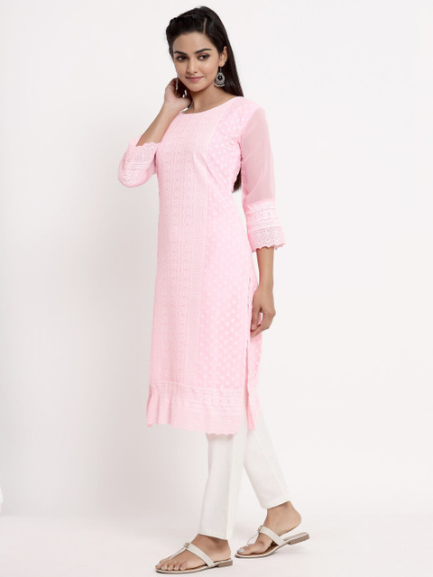 

BUYCLARA Women Pink & White Embroidered Kurta with Trousers