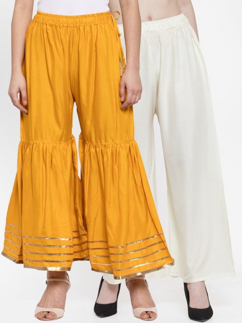 

TAG 7 Women Mustard & Off-White Set of 2 Flared Palazzos
