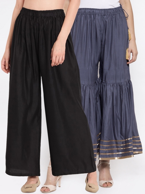 

TAG 7 Women Grey & Gold-Toned Solid Flared Palazzos Combo of 2