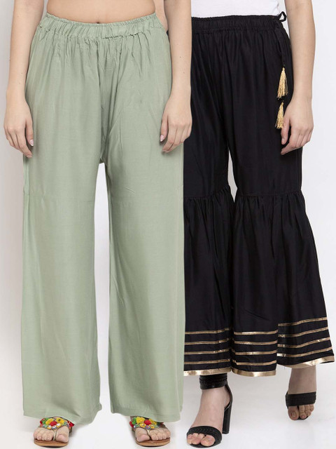 

TAG 7 Women Combo of 2 Black & Olive Green Hem Design Flared Palazzos