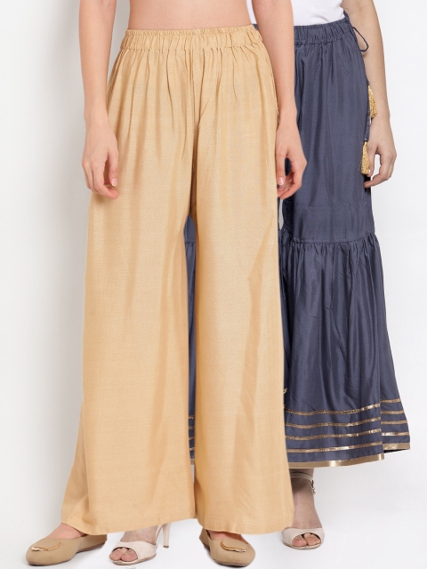 

TAG 7 Women Pack of 2 Grey and Gold Hem Design Palazzos