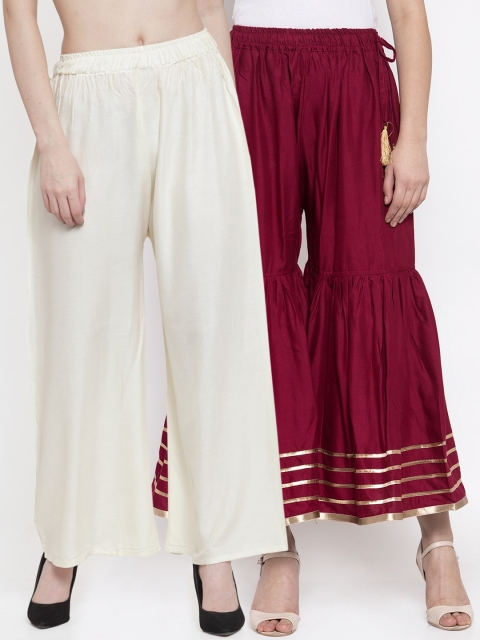 

TAG 7 Women Maroon & Off-White Set of 2 Flared Palazzos