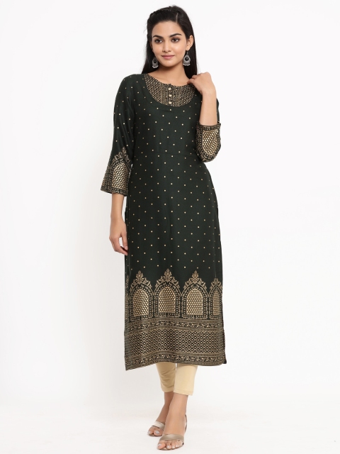 

BUYCLARA Women Green Woven Design A-Line Kurta