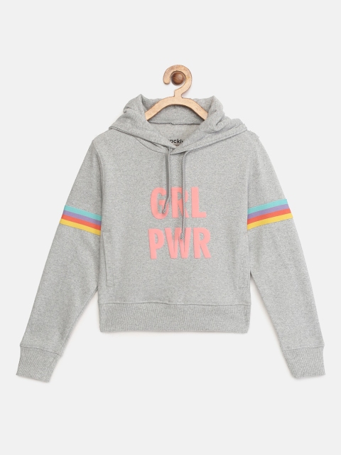 

mackly Girls Grey Melange Printed Hooded Sweatshirt