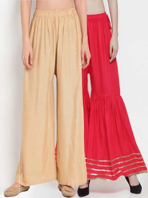 

TAG 7 Women Pack of 2 Red & Gold-Toned Hem Design Flared Palazzos