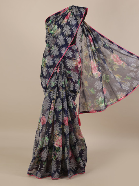 

Pothys Navy Blue Printed Jute Silk Saree