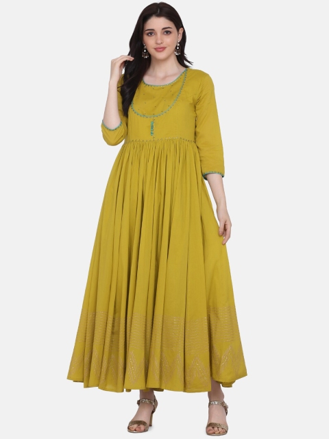 

Saanjh Women Olive Green Embellished A-Line Kurta