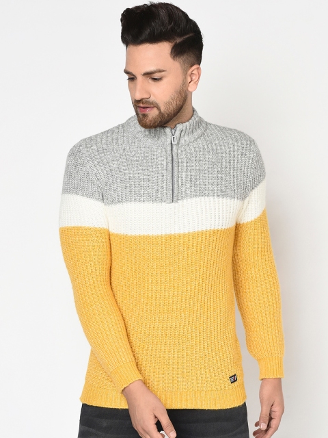 

METTLE Men Yellow & Grey Colourblocked Pullover Sweater
