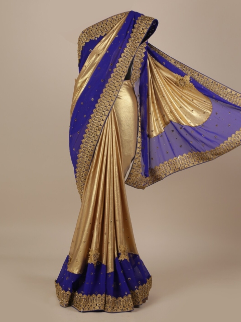 

Pothys Gold-Toned & Blue Poly Georgette Colourblocked Saree with Embellished Border