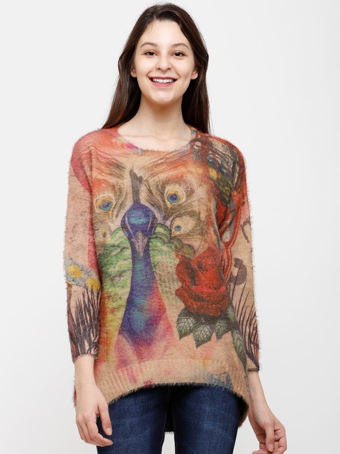 

STROP Women Beige & Red Printed Pullover Sweater