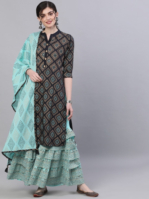

Ishin Women Black & Blue Printed Kurta with Sharara & Dupatta