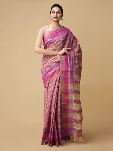 

Unnati Silks Pink & Purple Pure Cotton Printed Mangalagiri Saree