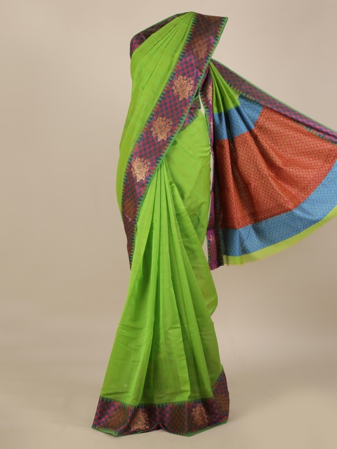 

Pothys Green & Red Linen Blend Solid Saree