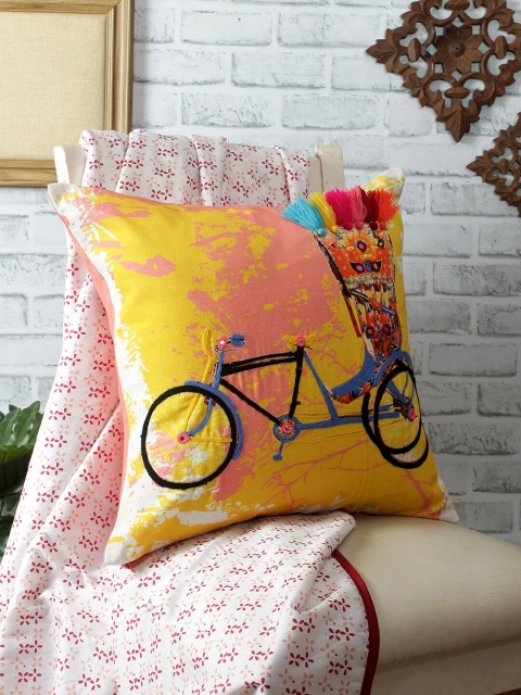 

REME Yellow & Pink Embroidered Organic Cotton Square Cushion Covers