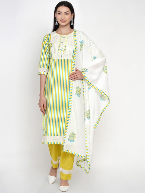 

Yuris Women Yellow & Blue Striped Kurta with Trousers & Dupatta