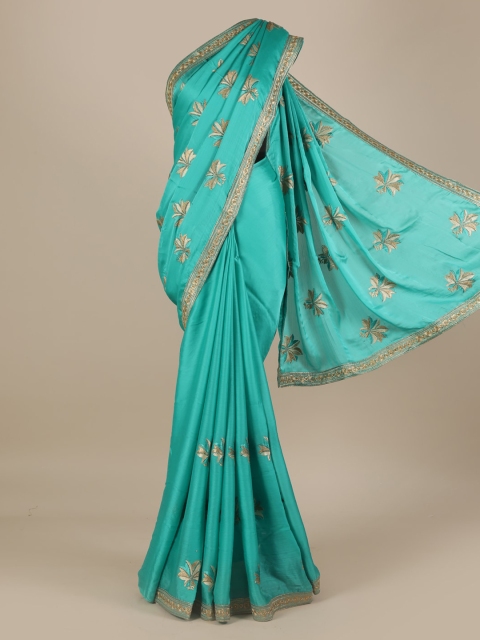 

Pothys Turquoise Blue Embroidered Poly Georgette Saree