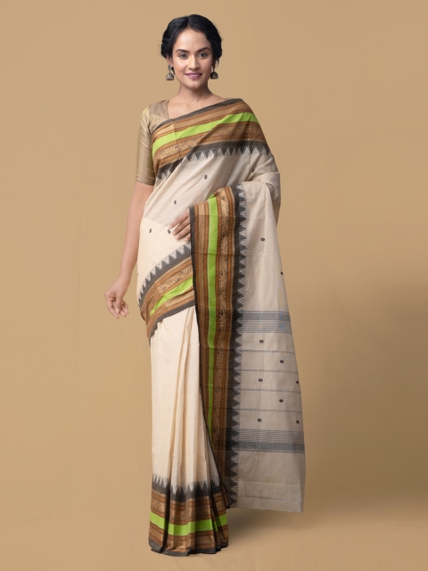 

Unnati Silks Cream-Coloured Pure Cotton Checked Kanjeevaram Saree