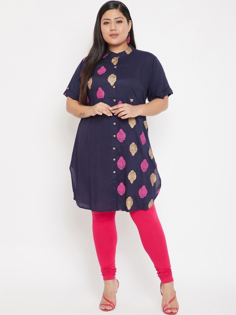 

Crease & Clips Plus Size Women Navy Blue & Pink Printed A-Line Kurta